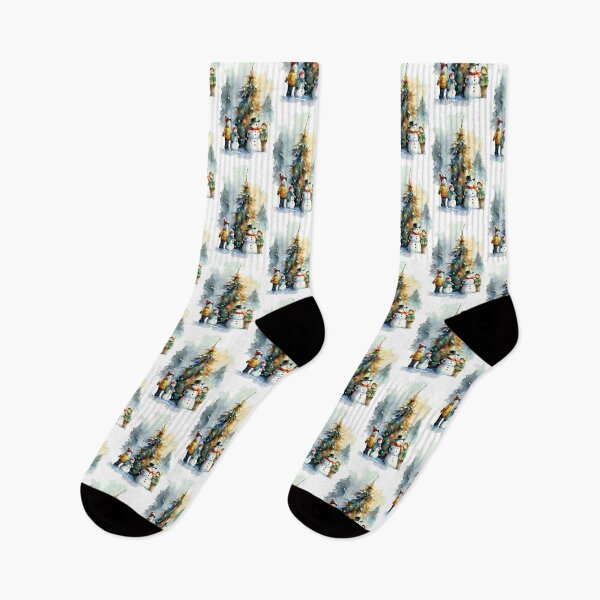 Item preview, Watercolor snowmen in a mountain setting designed and sold by Mickeymouse2023.