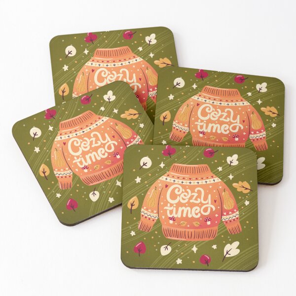 Item preview, Christmas holiday sweater with hand lettering cozy time, leaves and mushrooms. Orange jumper on green background. Colorful winter festive illustration.  designed and sold by BlueLela.