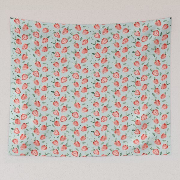 Item preview, Watercolor painting of tropical strawberries on light greenish blue background designed and sold by marufemia.