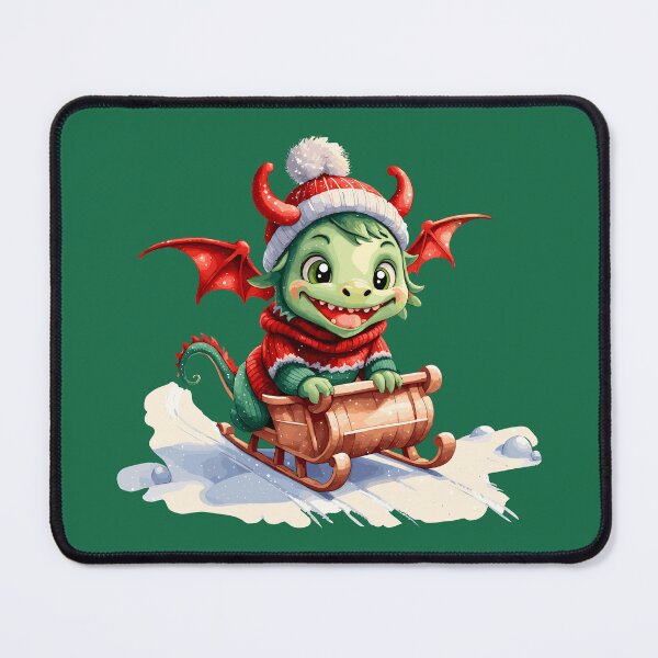 Item preview, little green dragon in winter, christmas dragon, dragon sledding designed and sold by Niktarka.