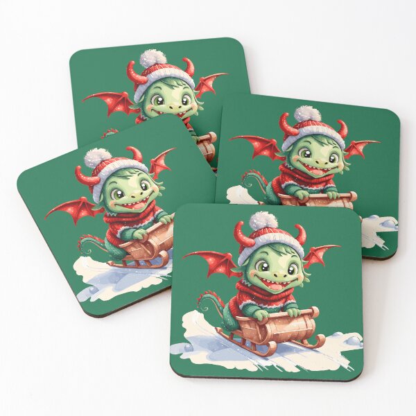 Item preview, little green dragon in winter, christmas dragon, dragon sledding designed and sold by Niktarka.