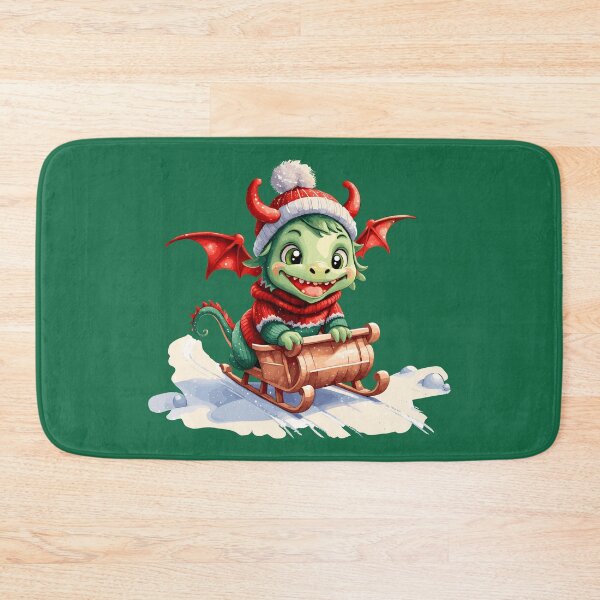 Item preview, little green dragon in winter, christmas dragon, dragon sledding designed and sold by Niktarka.