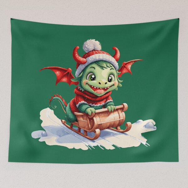 Item preview, little green dragon in winter, christmas dragon, dragon sledding designed and sold by Niktarka.