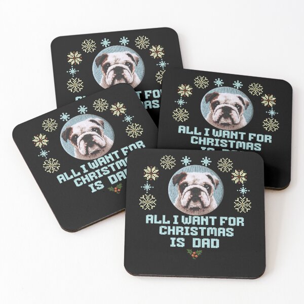 Item preview, Cute English Bulldog on a ugly sweater design, text: 'All I want for Chrismas is Dad' designed and sold by shirtsmugslife.