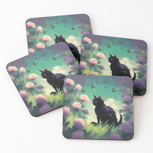 Item preview, black cat in outdoor violet flowers and roses designed and sold by Catophile.