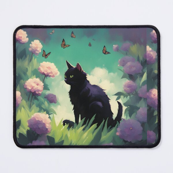 Item preview, black cat in outdoor violet flowers and roses designed and sold by Catophile.