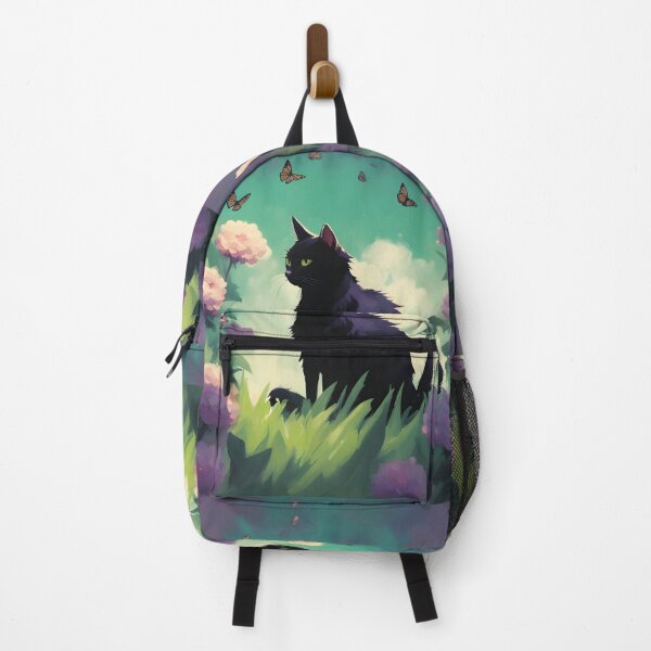 Item preview, black cat in outdoor violet flowers and roses designed and sold by Catophile.