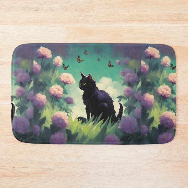 Item preview, black cat in outdoor violet flowers and roses designed and sold by Catophile.