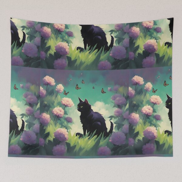 Item preview, black cat in outdoor violet flowers and roses designed and sold by Catophile.