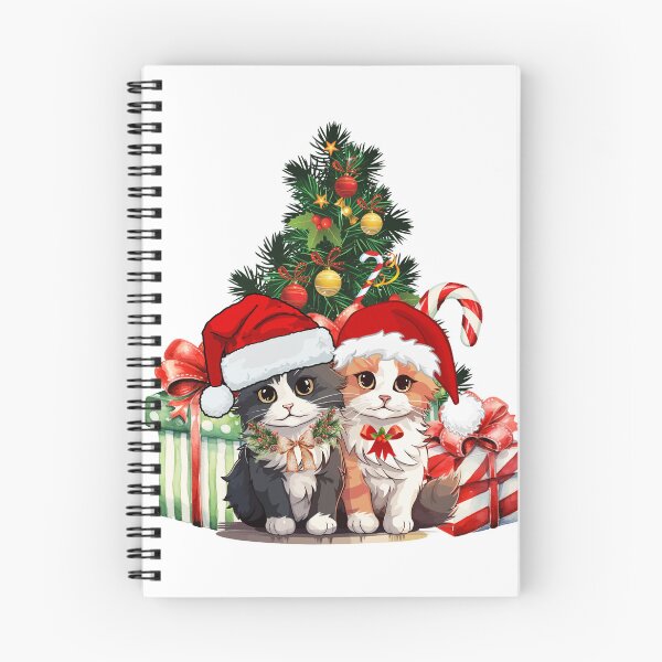 Aperçu de l'œuvre Félins festifs - Chats de Noël avec chapeaux de Père Noël et cadeaux près du sapin créée et vendue par BKPrintDesing.