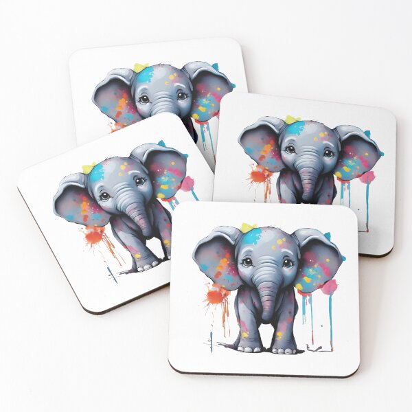 Item preview, Little Cute Sitting Gray Elephant, with Colorful Paint Stains designed and sold by Blink Art Studio.