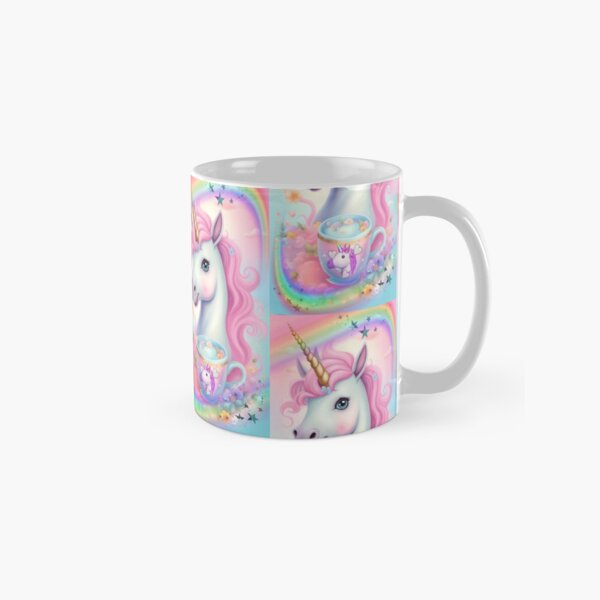 Item preview, a mischievous little unicorn with his cup in his image, surrounded by rainbows and stars designed and sold by Creativesphotos.