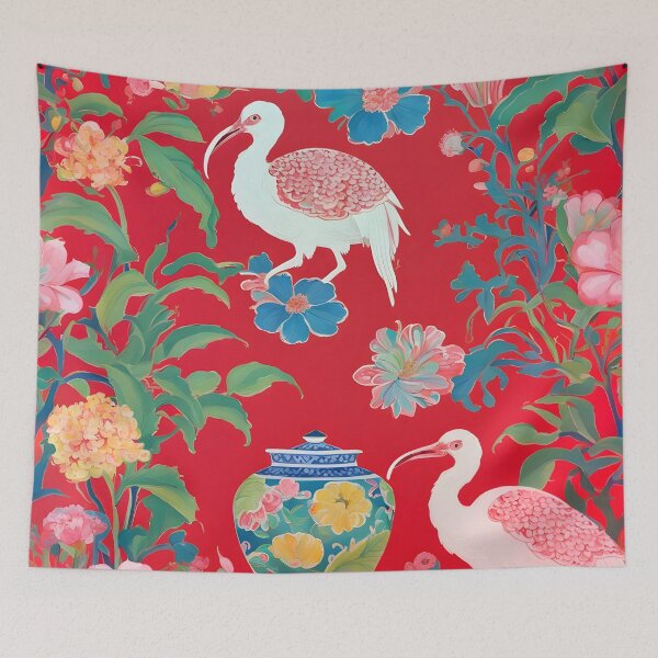 Item preview, Grandmillennial chinoiserie red ibis and Ming ginger jar designed and sold by SophieClimaArt.