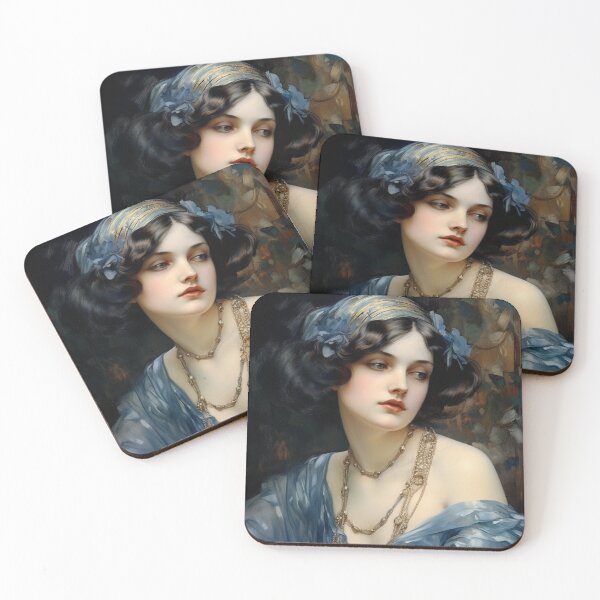 Item preview, Socialite in Blue Dress - Art Nouveau Style designed and sold by ArtNouveauChic.