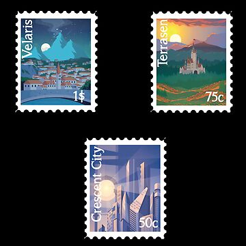 Artwork thumbnail, Bookish travel poster postage stamp sticker set- Velaris, terrasen and crescent city by GeekandArtsy