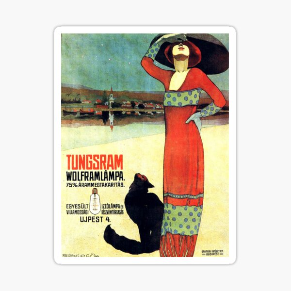 Aperçu de l'œuvre Ampoule Vintage Femme et Chat Noir Ad Tungsram Geza Farago 1910 créée et vendue par VistaVintage.