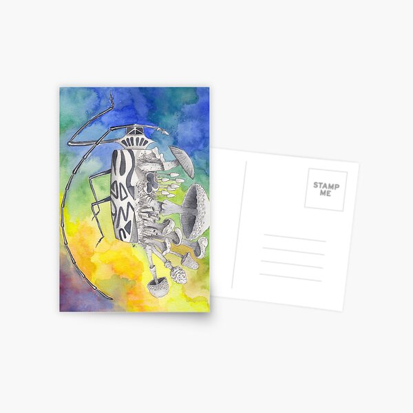 What is life? What is Death? n°9 Harlequin Beetle / Mushroom Watercolor Painting Postcard