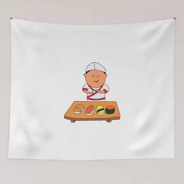 Item preview, cute chef making different kind of sushi designed and sold by wordspotrayal.