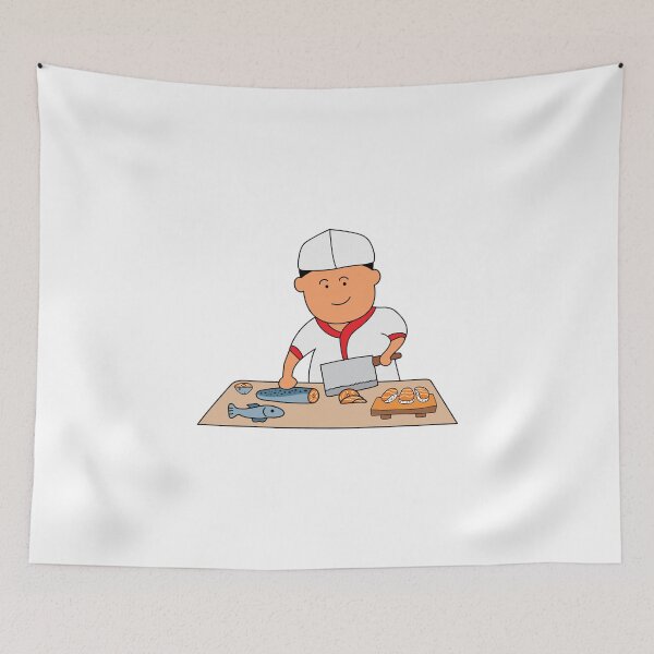 Item preview, sushi chef cutting salmon for sashimi designed and sold by wordspotrayal.