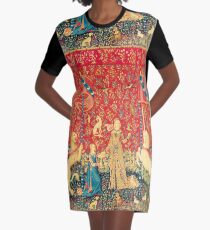 LADY AND UNICORN Taste, Red Green Fantasy Flowers,Animals Graphic T-Shirt Dress