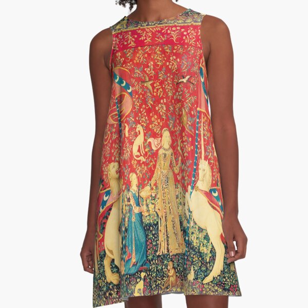 LADY AND UNICORN Taste, Red Green Fantasy Flowers,Animals A-Line Dress