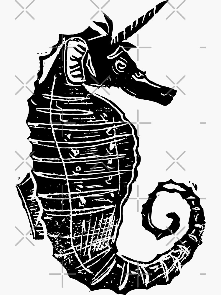Thumbnail 3 of 3, Sticker, Uni-Seahorse Linocut - Bold Yellow designed and sold by adarovai.
