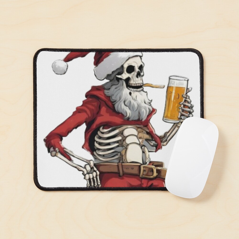 skeleton dressed as Santa Claus drinking Christmas beer