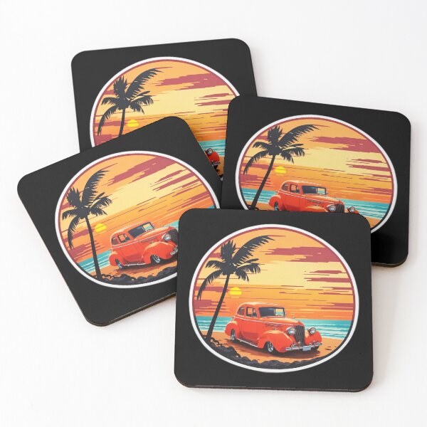 Artikelvorschau, Oldtimer mit Palme am Strand bei Sonnenuntergang entworfen und verkauft von NautiChic.