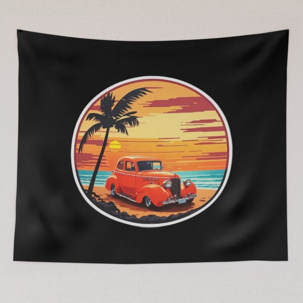 Item preview, Classic Car with Palm Tree on a Beach at Sunset designed and sold by NautiChic.