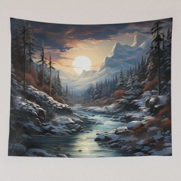 Item preview, Winter Sunset by the Babbling Brook - Tranquil Art Print designed and sold by SlayerOfKings.