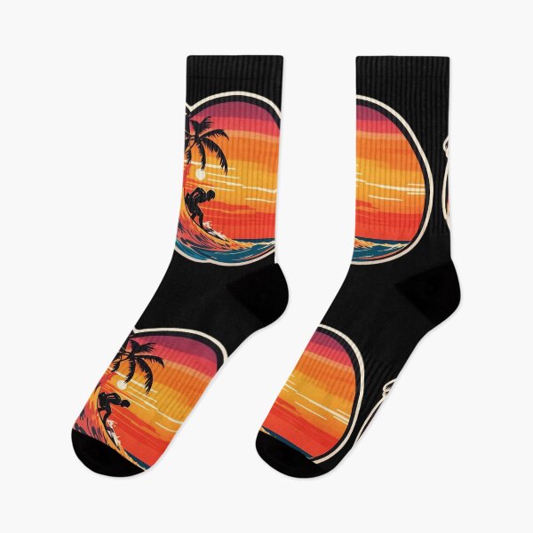 Item preview, Retro Big Waves Surfing at Sunset with Palm Tree designed and sold by NautiChic.