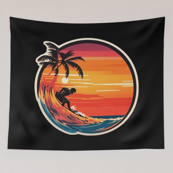 Item preview, Retro Big Waves Surfing at Sunset with Palm Tree designed and sold by NautiChic.