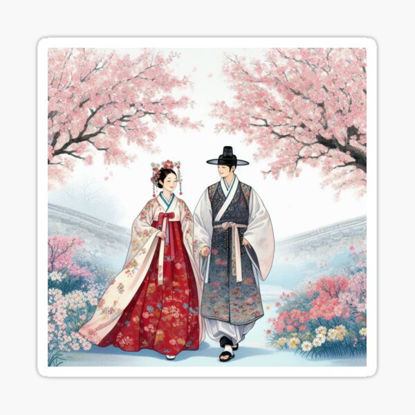 Cherry Blossoms - romantic couple walking under cherry blossom trees Sticker