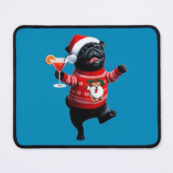 Item preview, Christmas Black Pug Dancing with a Cocktail designed and sold by barksandsqueaks.
