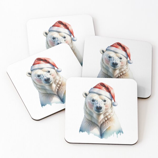 Item preview, Christmas polar bear in Santa's hat sticker, watercolor bear digital painting, repeat pattern designed and sold by tiana-geo.