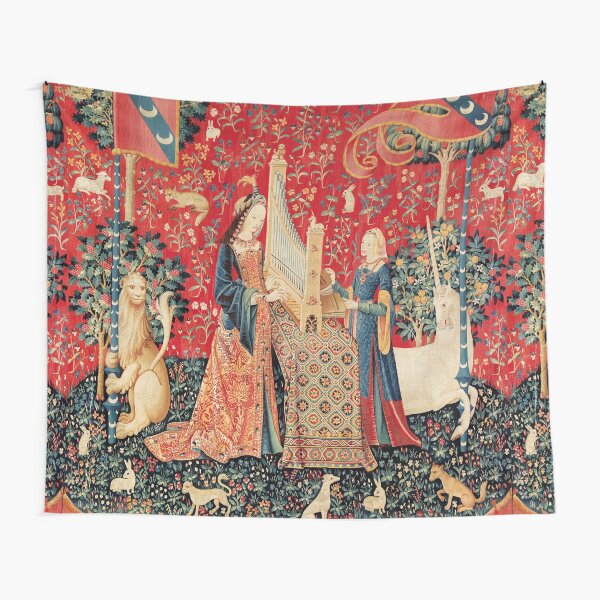 UNICORN AND LADY PLAYING ORGAN WITH ANIMALS , Hearing Tapestry