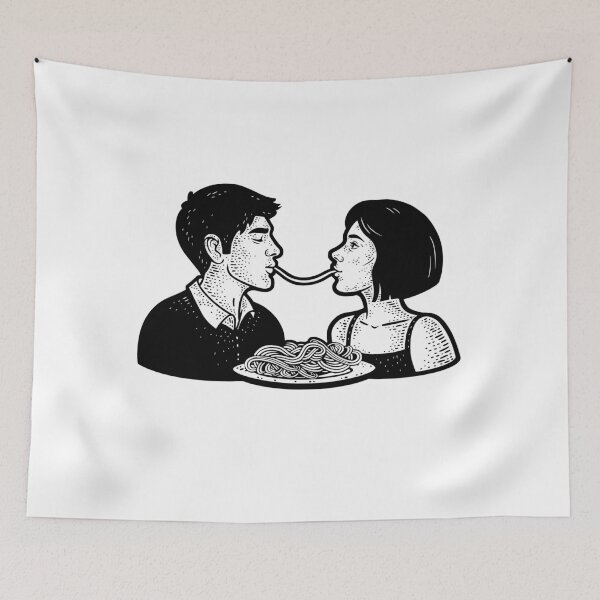 Item preview, Girl eating spaghetti. Couple in love eating pasta designed and sold by DragonflyLP.