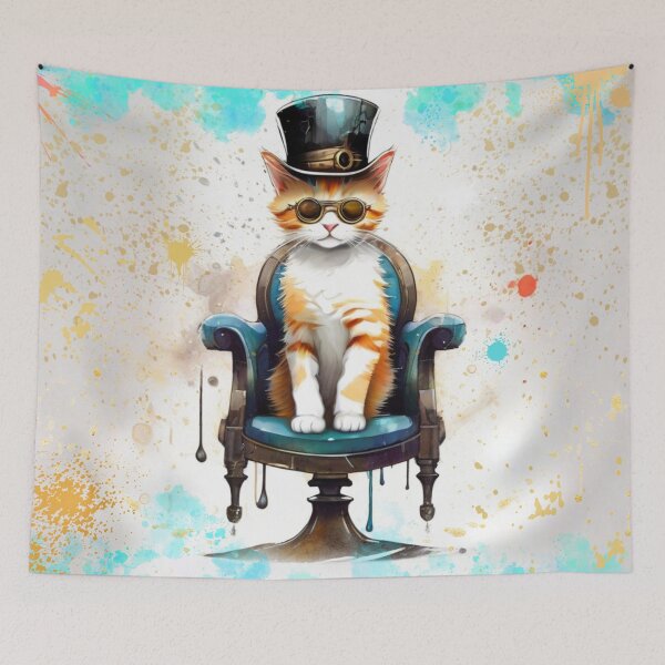 Item preview, Steampunk Cat Sitting on a Chair With Splash Paint Background designed and sold by Wolfheartart.