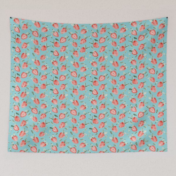 Item preview, Watercolor painting of tropical strawberries on turquoise background designed and sold by marufemia.