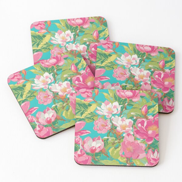 Item preview, Preppy magnolia flowers on turquoise designed and sold by SophieClimaArt.