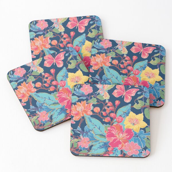 Item preview, Preppy birds, flowers and butterflies on navy blue designed and sold by SophieClimaArt.