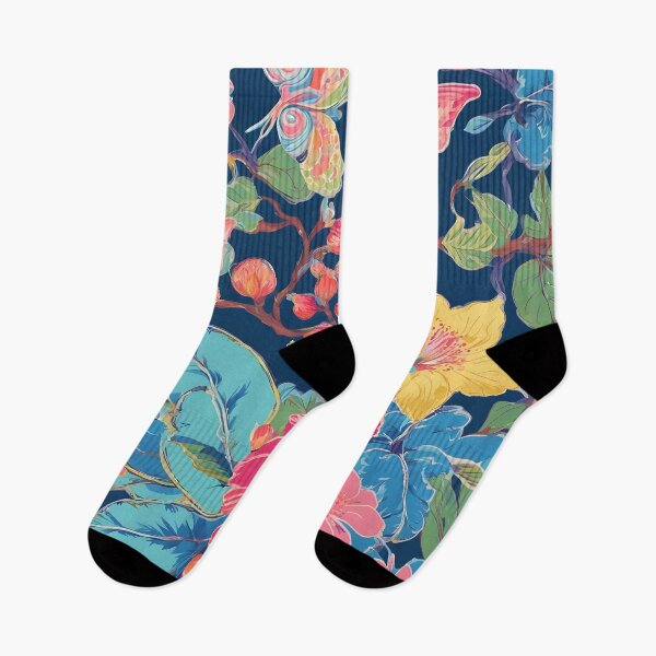 Artikelvorschau, Adrette Vögel, Blumen und Schmetterlinge auf Marineblau entworfen und verkauft von SophieClimaArt.