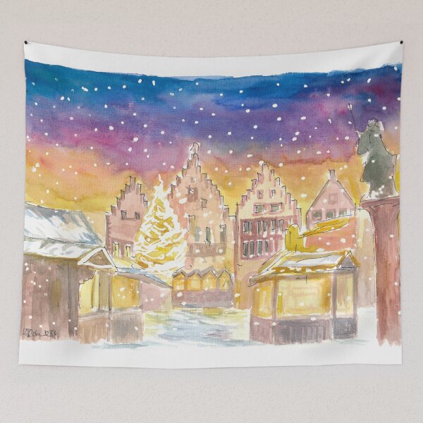 Item preview, Frankfurt Germany Romantic Christmas Market at Night and Snowing designed and sold by artshop77.