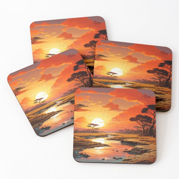 Item preview, sunset at the river expansive savannas with roaming wildlife under setting sun designed and sold by frequent-art.