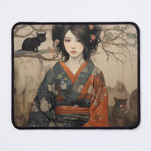 Item preview, Kimono Elegance: Feline Companions - Traditional Japanese Art Print designed and sold by NeeoArt.