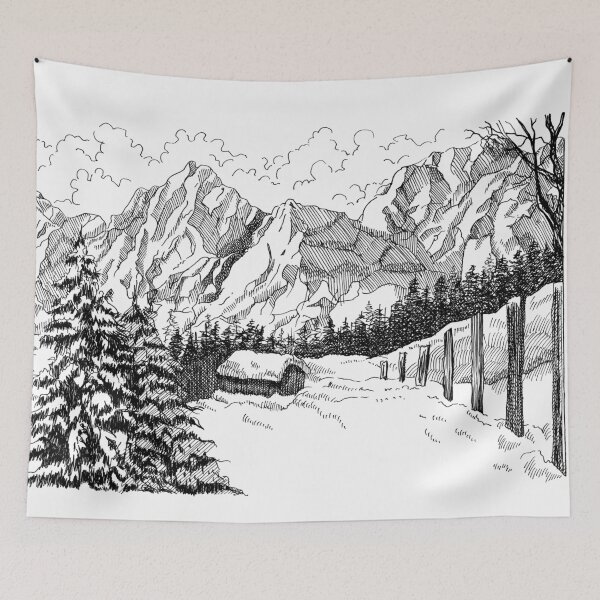 Item preview, Snowy winter landscape pen and ink original artwork designed and sold by paragonDesign28.