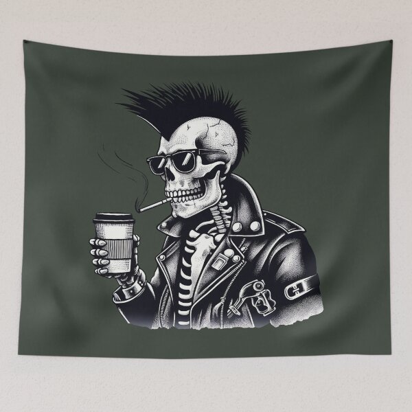 Item preview, Punk Rocker Skeleton Drinking Coffee designed and sold by CreepyCornerArt.