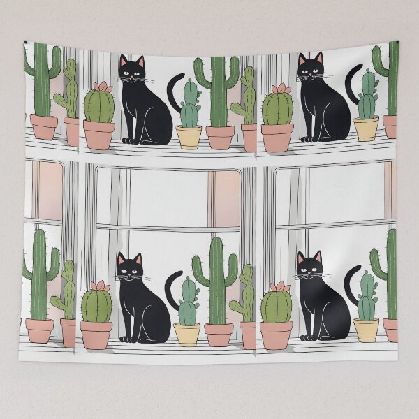 Item preview, Black Cat in The window with Cactus And Plants designed and sold by Catophile.
