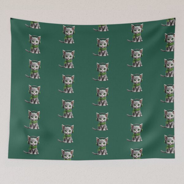 Item preview, An adorable kitty wearing headphones and a green scarf designed and sold by NiRia Spot.