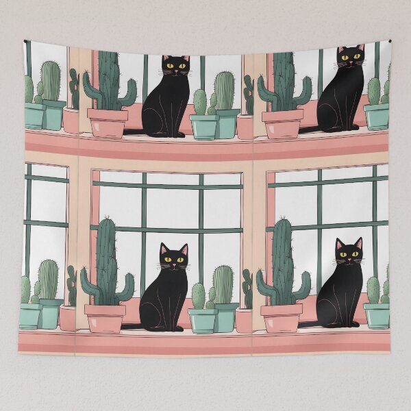 Item preview, Black Cat in The window with Cactus And Plants designed and sold by Catophile.